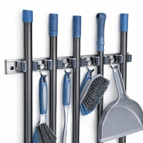 Broom Holder Wall Mounted Heavy Duty Stainless Steel Mop Holder Organiser | 5 Holders & 4 Hooks, Screw or Self-Adhesive Fixing, Space-Saving Storage for Kitchen, Utility Room, Garage & Shed, Silver