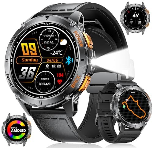 FOXBOX DM4 GPS Montre Connectée Homme avec LED Lampe Torche, 1.43 AMOLED Smart Watch for Android iOS, 6 Satellitaires, Boussole, Étanchéité IP68, 200+ Cadran, 170+ Sports, Bracelet en Cuir Noir