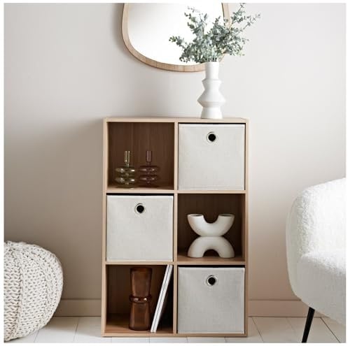 Homme Concept – 6 Cube Storage with 3 baskets, Oak Living Room Bookcases and Shelving Unit, Storage Shelves, Kids Bookcases, Free Standing Wooden Bookcase Organiser, BookShelf.