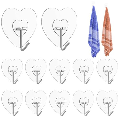 YCZARD Self Adhesive Hooks,12Pcs Heavy Duty Adhesive Wall Hooks, Max 5KG/11lb,Removable Nail Free Sticky Hangers for Bathroom, Kitchen, Towels
