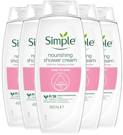 Simple Kind to Skin Nourishing Shower Gel, Pack of 5, Shower Gel with Vitamins E and chamomile Oil for Gentle Skin Care, 450 ml