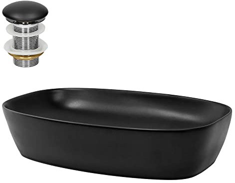 LuxeBath Waschbecken Keramik 605x385x140 mm oval Schwarz mit Ablaufgarnitur Schwarz, Aufsatzwaschbecken für Badezimmer/Gäste-WC, Aufsatzbecken modern, Waschtisch Waschschale Waschplatz Handwaschbecken