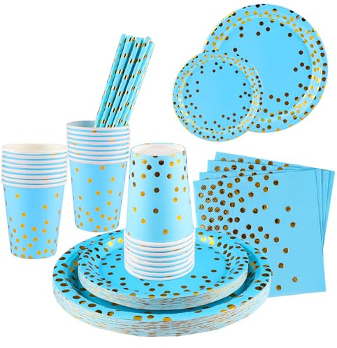 Party Tableware, 125 Pieces Reusable Gold Party Set Includes 7/9 inch Paper Plates Cups Straws and Napkins Supplies for 25 Guests for DIY Birthday Holiday Wedding Engagement (Blue)