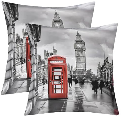 Zierkissenbezüge Big Ben Rote Telefonzelle London Street View Muster Kunst Grau 2Er Set Weiches Outdoor Kissenbezüge Für Kissen Zuhause Bett