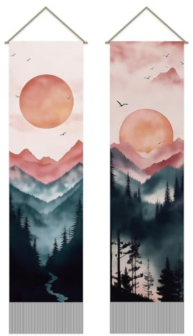 SUPERDANT 2 delar modern vertikal vägghängande bergsskog akvarell med långa fransar stänger och rep för dekoration sovrum vardagsrum kontor hall hem 116 x 33 cm (45,5 x 13 tum)