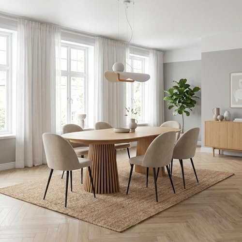 ebuy24 Esstisch oval ausziehbar - Essgruppe Tokyo 7-teilig für 6 Personen Natur 120x120-160/200 cm Tisch mit 6 beigen Samt Stühlen Esszimmergruppe Speisegruppe Wohnküche Esszimmermöbel Essplatzmöbel