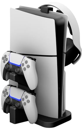 NBCP P5 Vertikalständer mit Ladestation | Lädt zwei DualSense-Controller gleichzeitig | Inklusive Headset-Halterung | Integrierter Kühl- und Aufbewahrungsständer für PS5 Slim/PS5 Pro（Schwarz）