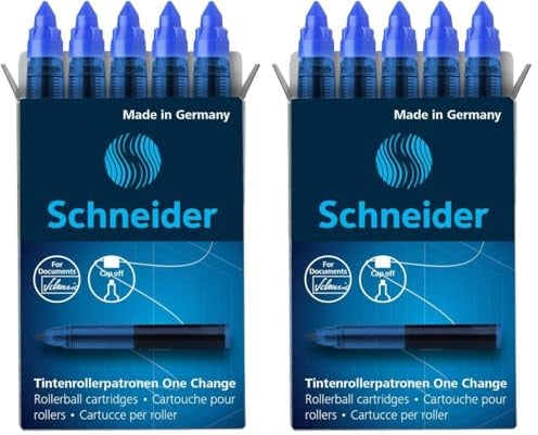 Schneider 185403 Rollerpatrone One Change (für Tintenroller One Change, 1x 5 Stück, dokumentenecht, nicht löschbar) blau (Packung mit 2)