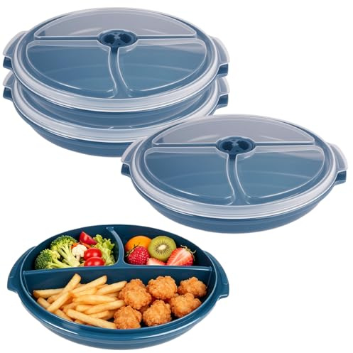 Juego de 3 Vajilla para Microondas con 3 Compartimentos, 24.7 x 22 x 3.5 cm | Platos de Microondas con Tapa, Platos de Plástico, Bentobox, Utensilios para Calentar Comidas por Separado, Azul