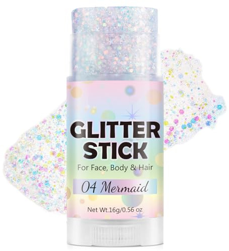 Vaethy Stick glitterato per viso e corpo, impermeabile, effetto immediato, senza colla, per festival, capelli, corpo, Halloween, carnevale, rave (bianco)