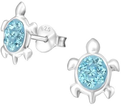 Monkimau Mädchen Ohrringe Schildkröte Ohrstecker aus 925 Sterling Silver echt Silber mit 16 Kristallen (hellblau)