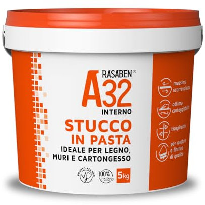 RASABEN - Stucco Bianco in Pasta A32 Pronto all'Uso, per Rasature e Finiture di Qualità, Ottima Carteggiabilità, Traspirante, per Legno Muri e Cartongesso, Uso Interno, Made in Italy, Barattolo da 5kg