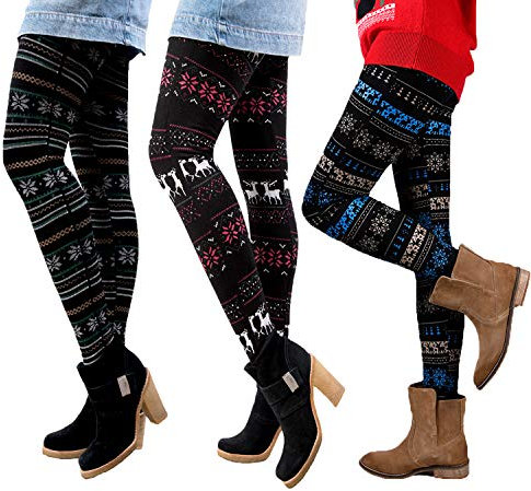 Libella Pacco da 3 Leggings Invernali Leggings Termici Skinny Pantaloni da Corsa Norvegese con Motivi Natalizi Teddy Interno in Pile Donne/Ragazze 4145 A+B+F
