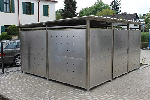 KIRCHBERGER METALL Fahrradgarage Mülltonnenhaus Müllcontainer Überdachung Garten Gerätehaus Größe 5 m. Edelstahlverkleidung Schwenktür mit Stützfußverlängerung 200mm