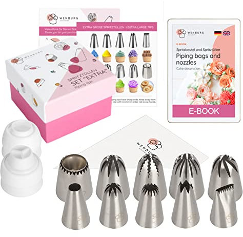 Wenburg Extra Large Piping Nozzle Set - 24 pcs Piping Tips Set with 10 X-Large Icing Nozzles for Cake Decorating | Piping Bags and Nozzles Set (Set Extra)