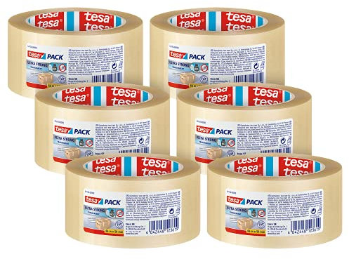 tesapack - Cinta Adhesiva para Embalar, Sellar y Empaquetar - Resistente al envejecimiento y al desgarro - Extra fuerte y sin disolventes - 6x 66 m x 50 mm - Transparente