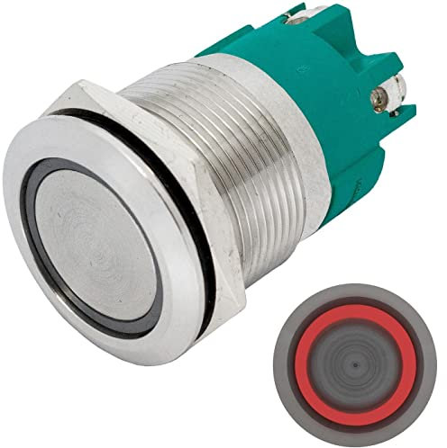 Lumonic Edelstahl Druckschalter flach 22mm Durchmesser I Mit einer Ring LED in Rot Maße: Schraubanschluss 250V 3A I Vandalismussicher nach dem IP65 Standard