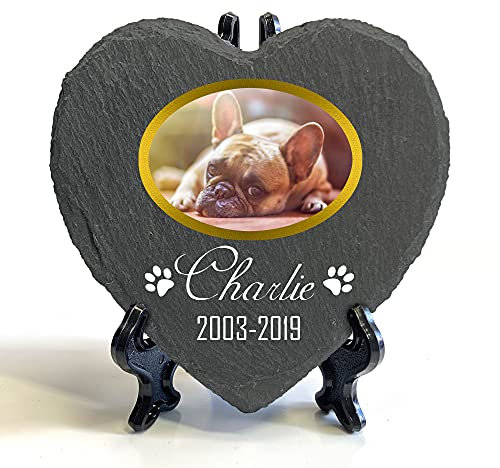 Individueller Personalisiert Herzform Tiergrabstein Schiefer Gedenkstein + Ständer für Hund, Katze und andere Haustiere Tiere - Größe | 10 x 10 cm | - Goldrahmen Foto