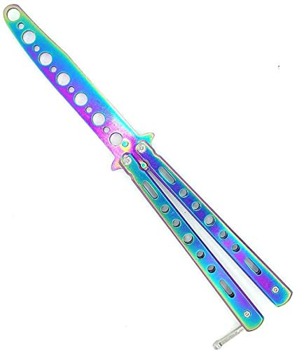 NUOE Couteau à papillons, Métal Arc-en-ciel, acier inoxydable lame émoussée sûre, Couteau de Fan d'acier Inoxydable, violet
