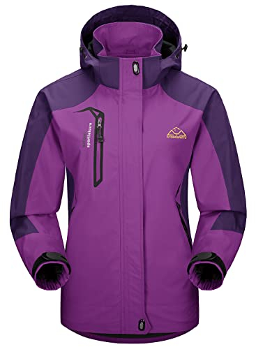 YSENTO Damen Outdoor Wanderjacke Wasserdicht Übergangsjacke Leicht Atmungsaktie Regenjacke Funktionsjacke mit Abnehmbarer Kapuze(Lila,2XL)