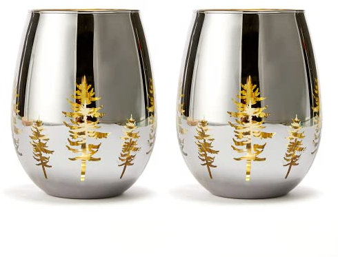 Kristall-Weihnachtsbaum, Wein- und Wassergläser, ohne Stiel, 2er-Set, Urlaubsmotiv, lebendig, goldgeätzt, Winter, Schneewunderland, Milchglas, Geschenke für Sie und Ihn, Bäume