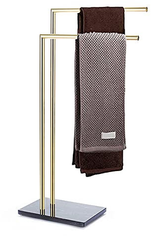 Porte-serviettes sur pied à 2 niveaux avec porte-serviettes en marbre, porte-serviettes en laiton moderne en métal double en forme de L pour sauna, baignoire simple, porte-manteau, collection d'access