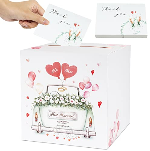 BOFUNX Hochzeit Kartenbox mit 30 Stücke Thankyou Grußkarten Hochzeitsdeko Hochzeitsbox Geschenkkarten Partydeko Geschenkkartenbox Geld Box Briefbox Postbox