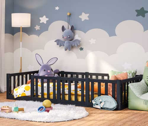 Bellabino Tapi Bett 90x200 cm, Kinderbett mit Rausfallschutz, inklusive Lattenrost, Montessori Bodenbett für Jungen und Mädchen aus Kiefer Massivholz, grau lackiert, Bed