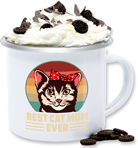 Emaille Tasse Blechtasse - Statement - Best Cat Mum Ever - 300 ml - Weiß Silber - statements