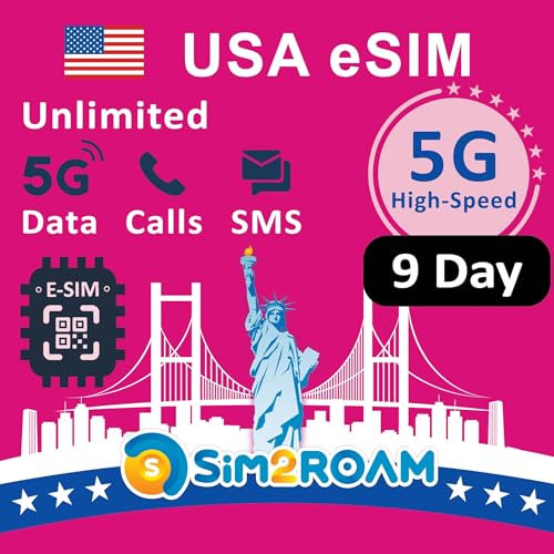 USA Prepaid eSIM-Karte|Unbegrenzte 5G/4G-Daten in den USA (einschließlich Hawaii)+Low-Speed-Daten in Kanada und MX|Unbegrenzte Anrufe und SMS zwischen den USA, CA und MX|Wiederaufladbar (9 Tage)