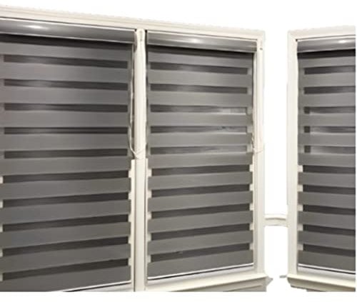 Day and Night Blind- Double Layered Fabric- Dim/Translucent Vision Curtains for Windows- Easy Fix Zebra Roller Blinds with Installed Accessories Transparent and Opaque Shades (Grey, W49cm x L165cm)