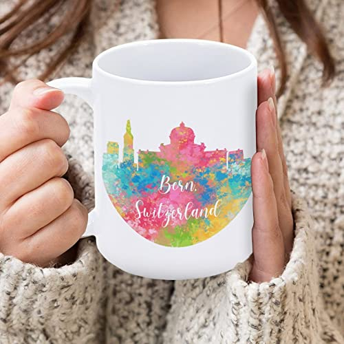 Yelolyio Kaffeetasse aus Keramik, Motiv: Schweiz Bern, Regenbogen-Skyline, 425 ml, Aquarell, Kunst, Stadtbild, humorvolle Tee-, Milchsaft-Tasse, Geschenk für Geburtstag, Kollegen, Mädchen, Jungen