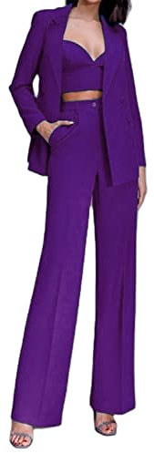Completo da donna con blazer e pantaloni, tinta unita, 2 pezzi, vestito casual slim fit per feste di nozze, Viola scuro, XS