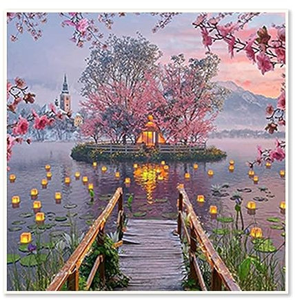 DCIDBEI 40x40CM Diamond Painting Cuadrada Castillo,Pintura Diamante 5D Completa Paisaje Montaña, kit de Cristal Artístico para Decoración de Pared, DIY Ocio Creativos Adultos|| Casa del Lago
