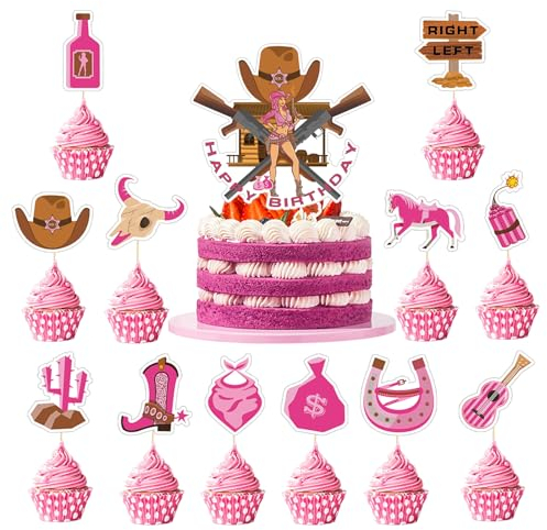 Qpout 25pcs Cowgirl Cupcake Toppers Western Cake Toppers Rosa Hut und Stiefel Kaktus Cupcake Cowboy Cowgirl Party Wild West Farm Alles Gute zum Geburtstag Kuchen Toppers Preppy Pferd Dekor