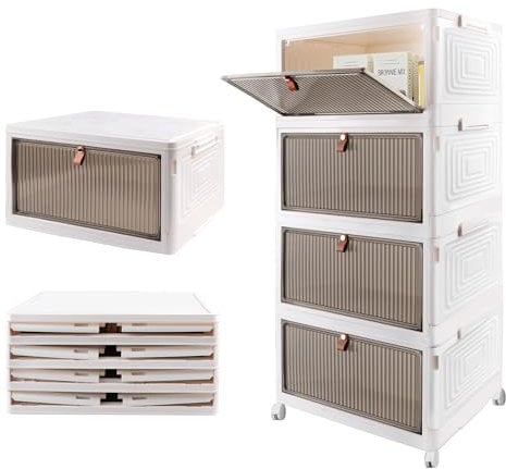 Lacusmall Aufbewahrungsbox Kunststoff, 4 Ebenen, Faltbar, Stapelbar, Transparente Tür & Rollen, Weiß