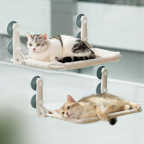 MEWOOFUN Double Cat Window Bed Hammock for Indoor Cats - Foldable Two Layer Cat Window Perch Resting Seat, w/Upgrade Strong Suction Cups Sturdy Window Cat Beds, Beige