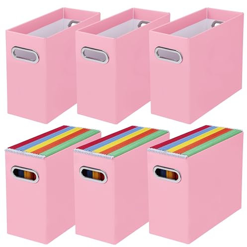 BELLE VOUS Pink Cardboard Hanging File Storage Boxes (6 Pack) - Collapsible Decorative Home/Office Filing Boxes - Letter/Legal Size Documents & Files