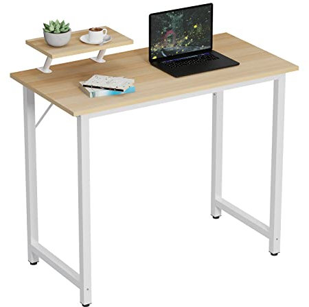 Wohenster Escritorio Ordenador con Soporte Monitor, Mesa Ordenador Portatil Madera, Escritorios con Patas Metálicas Estables, Mesa Gaming para Oficina Despacho y Sala de Estar, Beige 100x50x74cm