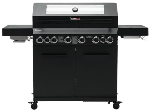 CosmoGrill 8 Burner Platinum Yamara Dark 6+2 Gas BBQ, Viewing Glass, 4 Main Burners, 1 Ceramic Sear Burner, 1 Back Burner, Cast Iron Grills & Bamboo Storage (Black with Cover)