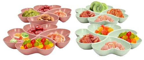 Snack Tray, 4 Pcs Appetizer Serving Platter, Reusable Divided Serving Platters, 4 Sectional Serving Trays Snack Platter for Holding Snacks, fruit, Candy, Crisps, Sweets, Nachos, Salads (Pink, Green)