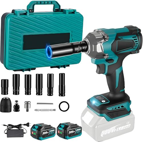 Akku Schlagschrauber Kompatibel mit Makita18V, 700Nm 1/2 Zoll Bürstenloser Schlagschrauber Reifenwechsel, Akkuschlagschrauber mit 6 Stecknüsse (blau mit 2 akku)