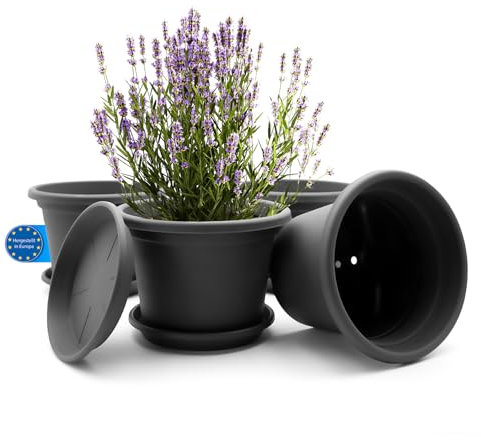 BigDean 4 Stück Blumentopf mit Untersetzer rund ø 25 cm Anthrazit – wetterfester Pflanzkübel Made in Europe