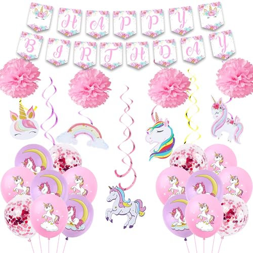 Einhorn Luftballons Geburtstag Deko Mädchen - 44 Stücke Rosa Kindergeburtstag Party Einhorn Hängende Wirbel Dekorationen Happy Birthday Banner Latex Luftballon Pompoms für Kinder Geburtstagsdeko