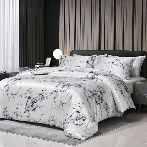 Boqingzhu Satin Bettwäsche 155x220cm Grau Weiß Marmor Optik Muster Modern Aesthetic Edel Seide Bettwäsche Set Sommer Winter Doppelbett Bettbezug 155 x 220 cm und Kissenbezug 80 x 80 cm