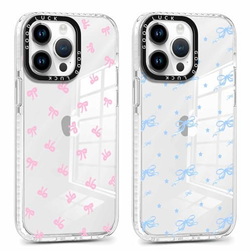 Yomjew 2 Pack Cute Clear Bow Phone Case for iPhone 14 Pro Max 6.7 inch, Aesthetic Trendy Soft Slim Fashion Protective Shockproof TPU Bumper Cover for Women Girls-Bow