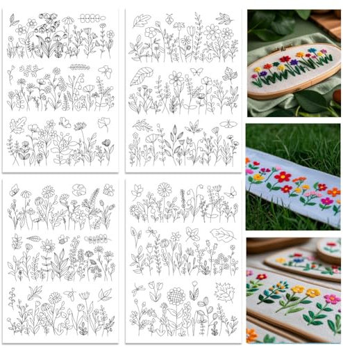 ORIGACH 4 Blatt Stickvorlagen Wasserlöslich, Vorgedruckte Blühenden Sträuchern Stickvorlagen Wasserlöslich für DIY Projekte Selbstklebend Stickaufkleber Stickvorlagen Kreuzstich Sticken Für Anfänger