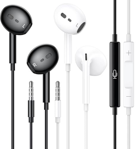 Cable de auriculares con 3,5 mm, 2 unidades de auriculares con cable jack, auriculares HiFi con micrófono y control de volumen para iPhone, iPad, Samsung, smartphone, portátil, reproductores de MP3