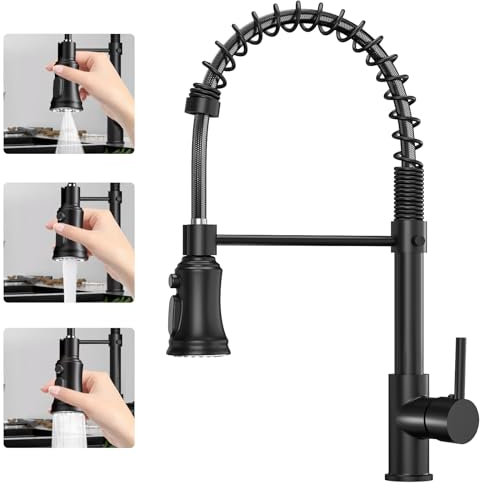 Hanviter Pull Out Kitchen Mixer Tap: 360° Swivel 3 Spray Modes Kitchen Tap, Commercial Mixer Tap Single Handle Kitchen Taps, Cold and Hot Mixer Kitchen Sink Taps with Standard Fittings (Black)