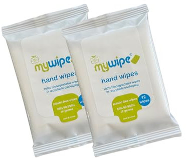 mywipe Hand Sanitising Wipes, 100% Biodegradable, 12 Wipes per Pack, Pack of 12, Alcohol-Free